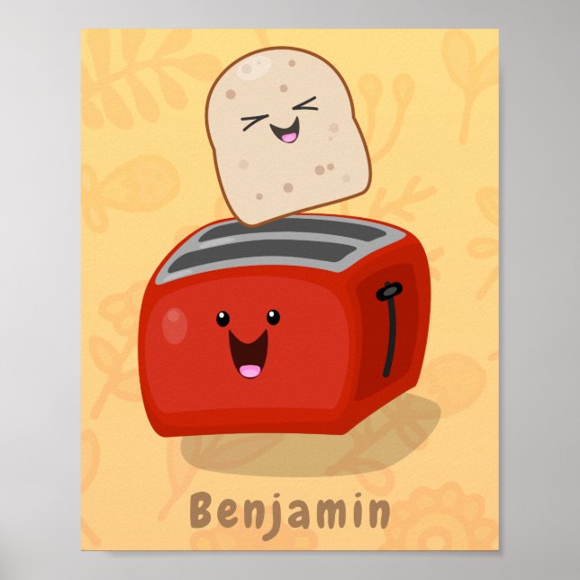 Cute kawaii toast and red toaster cartoon poster (Front)