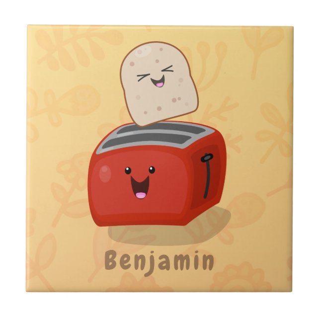 Cute kawaii toast and red toaster cartoon tile (Front)