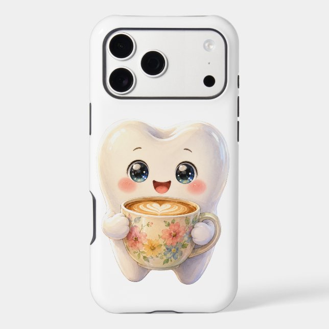 Cute Kawaii Tooth Drinking Coffee Latte Phone Case (Back)