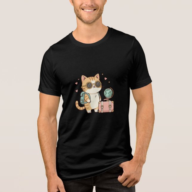 Cute   Kawaii Traveler Kitty with Backpack & Globe Tri-Blend Shirt (Front)