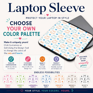 Cute Kawaii Turquoise and Orange Cat Faces Pattern Laptop Sleeve