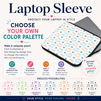 Cute Kawaii Turquoise and Orange Cat Faces Pattern Laptop Sleeve