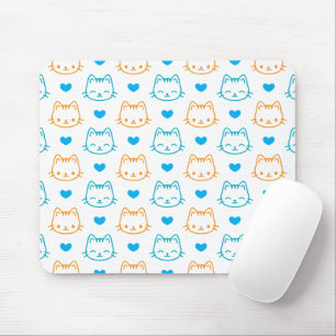 Cute Kawaii Turquoise and Orange Cat Faces Pattern Mouse Pad