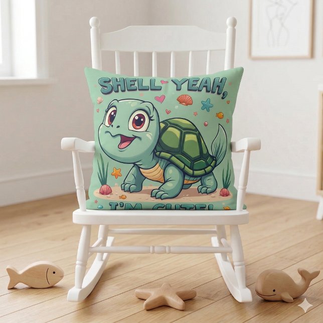Cute Kawaii Turtle with Funny Pun Ocean Aesthetic Cushion (Cute Kawaii Turtle with Funny Pun Ocean Aesthetic Throw Pillow Mockup A)