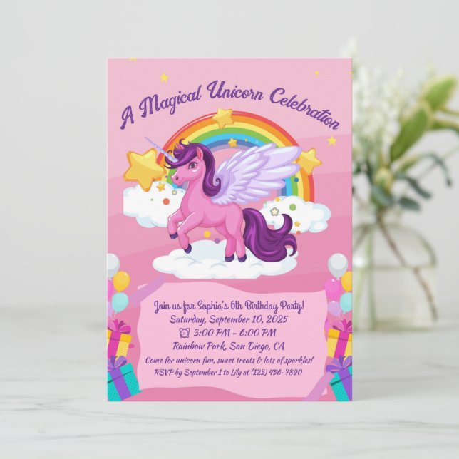 Cute Kawaii Unicorn Birthday Invitations (Standing Front)