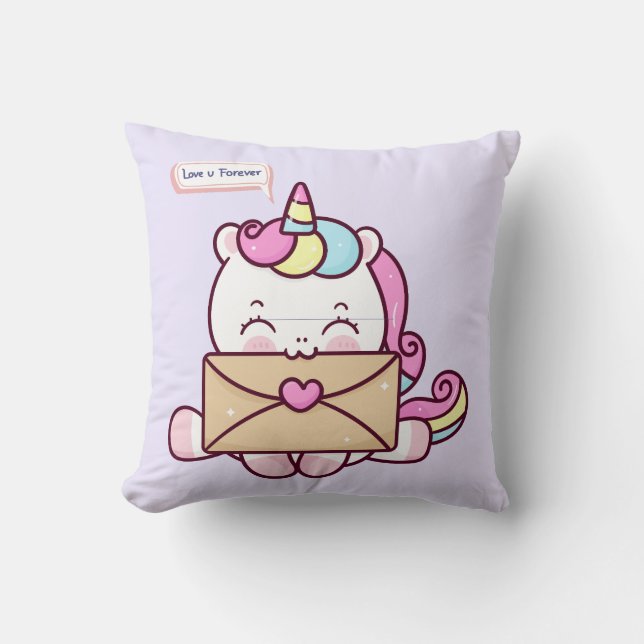 Cute Kawaii Unicorn Love Illustration Cushion (Front)
