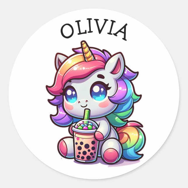 Cute Kawaii Unicorn with Bubble Tea Personalised Classic Round Sticker (Front)