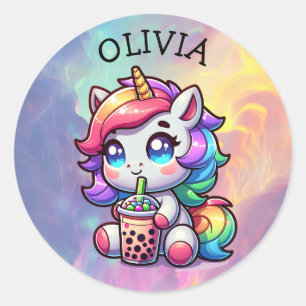 Cute Kawaii Unicorn with Bubble Tea Personalised Classic Round Sticker