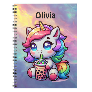 Cute Kawaii Unicorn with Bubble Tea Personalised Notebook