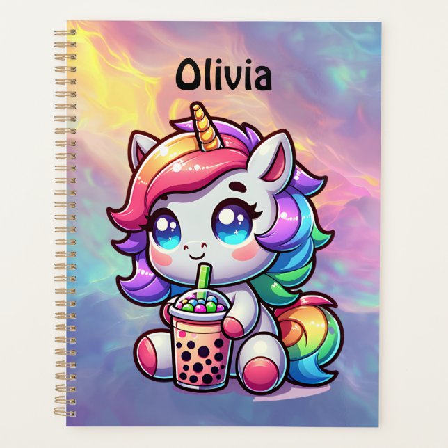 Cute Kawaii Unicorn with Bubble Tea Personalised Planner (Front)