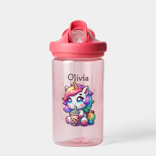 Cute Kawaii Unicorn with Bubble Tea Personalised Water Bottle