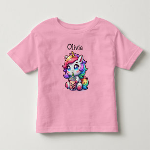 Cute Kawaii Unicorn with Bubble Tea Personalized Toddler T-Shirt