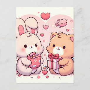 Cute Kawaii Valentine Bunny Bear Love Gift Holiday Postcard