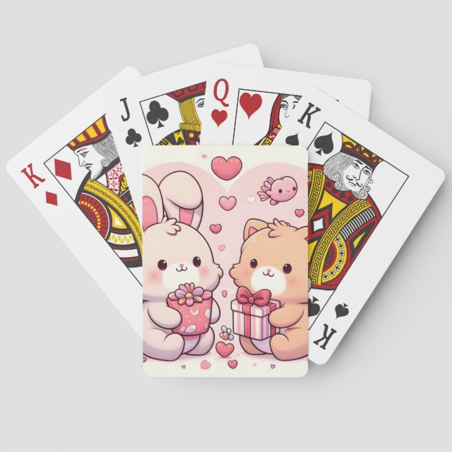 Cute Kawaii Valentine Bunny Bear Love Gift Playing Cards (Back)
