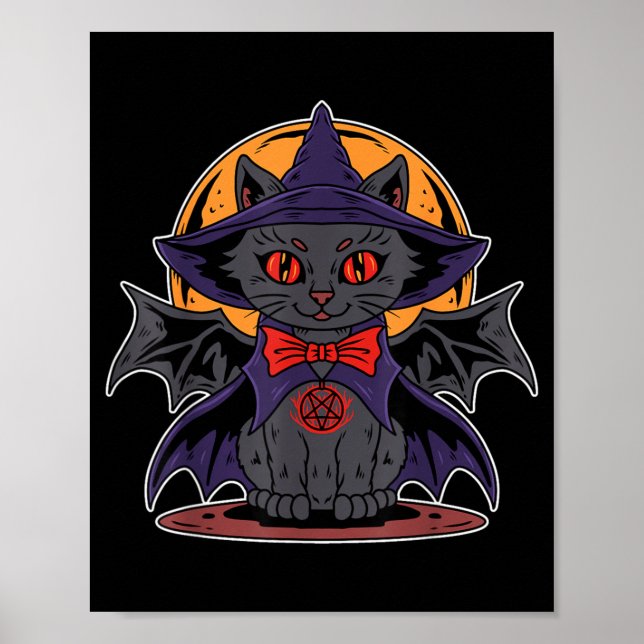 Cute Kawaii Vampire Witch Bat Wings Moon Halloween Poster (Front)