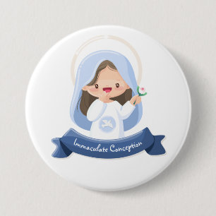 Cute Kawaii Virgin Mary with Flower – White 7.5 Cm Round Badge