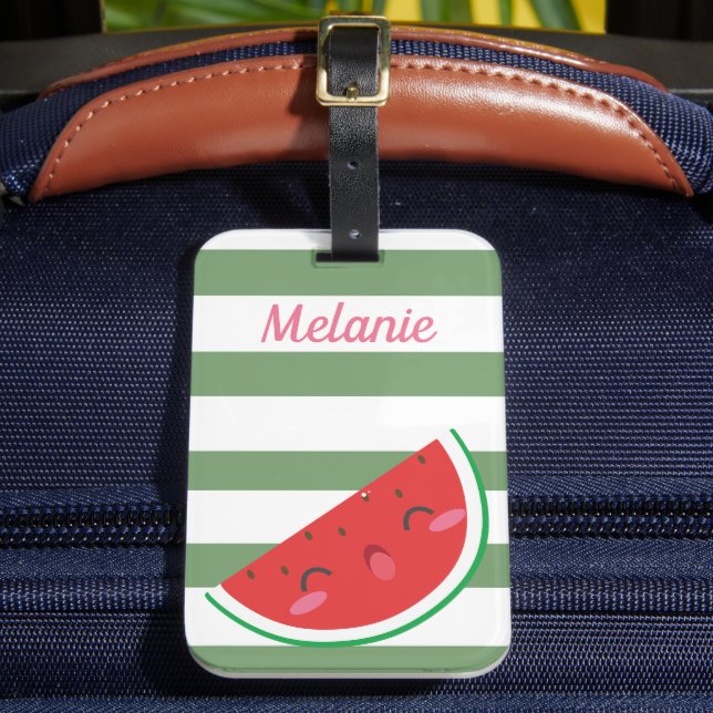 Cute Kawaii Watermelon and Stripes Personalised Luggage Tag (Front Insitu 2)