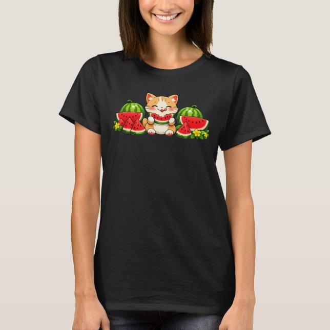 Cute Kawaii Watermelon Cat Summer Cartoon T-Shirt (Front)