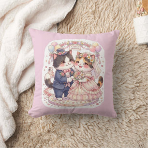 Cute Kawaii Wedding Cats Just Married Pink Throw Cushion