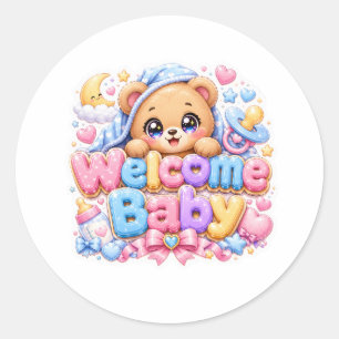 Cute Kawaii Welcome Baby Teddy Bear Pastel Pink Ne Classic Round Sticker