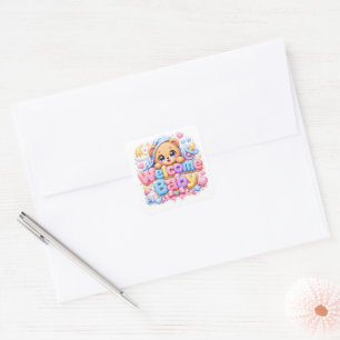 Cute Kawaii Welcome Baby Teddy Bear Pastel Pink Ne Square Sticker