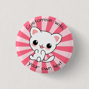 Cute kawaii White Cat Custom Text Pink 3 Cm Round Badge