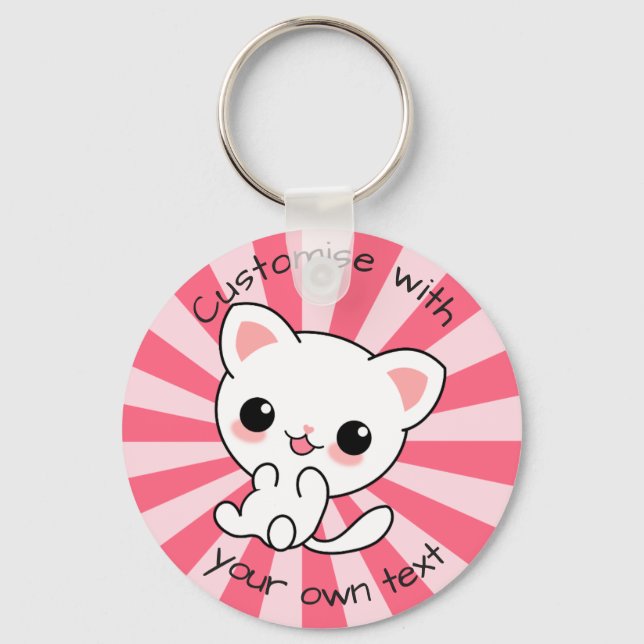 Cute kawaii White Cat Custom Text Pink Key Ring (Front)