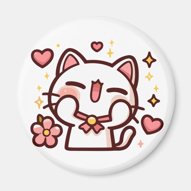 Cute Kawaii White Cat Magnet (Front)