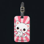 Cute kawaii White Cat Personalised Pink Luggage Tag<br><div class="desc">Adorable white kitty on personalised pink stripey luggage tag</div>