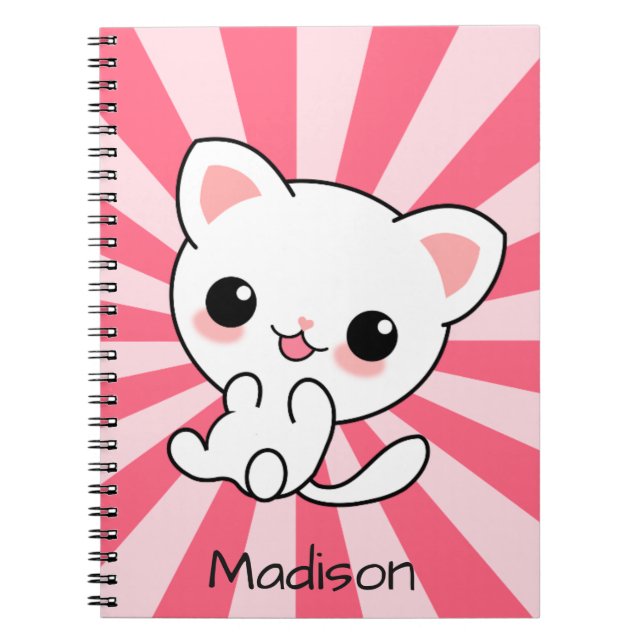 Cute kawaii White Cat Personalised Pink Notebook (Front)