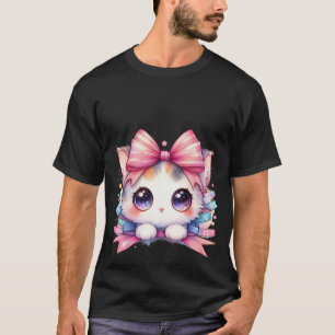 Cute Kawaii White Kitten Pink Ribbon Bow Magic Cat T-Shirt
