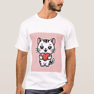 Cute Kawaii White Tabby Cat Holding Red Heart ✨❤️ T-Shirt