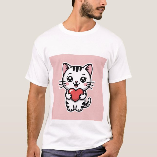 Cute Kawaii White Tabby Cat Holding Red Heart ✨❤️ T-Shirt (Front)