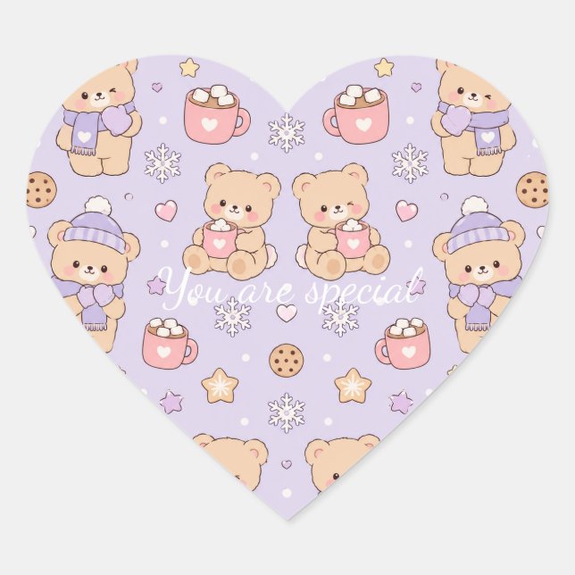 Cute Kawaii Winter Teddy Bear Pattern | Purple  Heart Sticker (Front)