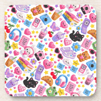Cute Kawaii Y2K Aesthetic Seamless Pattern – Pink Coaster