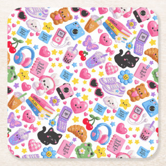 Cute Kawaii Y2K Aesthetic Seamless Pattern – Pink Square Paper Coaster