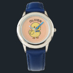Cute Kawaii Yellow Duckling with Blue Bow Tie Watch<br><div class="desc">Brighten up any day with this charming illustration of a sweet yellow duckling. Featuring a dapper blue bow tie and rosy cheeks, this minimalist "kawaii" character is set against a warm peachy-orange background. Its clean lines and playful personality make it a versatile choice for children's room decor, stationery, apparel, or...</div>