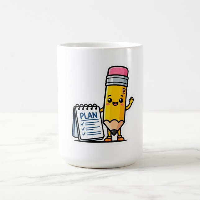 Cute Kawaii Yellow Pencil and Plan Notebook Smart  Coffee Mug (Center)