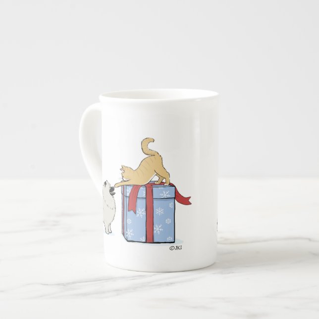 Cute Keeshond Puppy and Kitten Christmas Holiday Bone China Mug (Front Left)