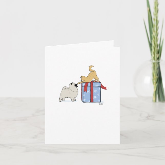 Cute Keeshond Puppy Dog and Kitten Christmas Holiday Card (Front)