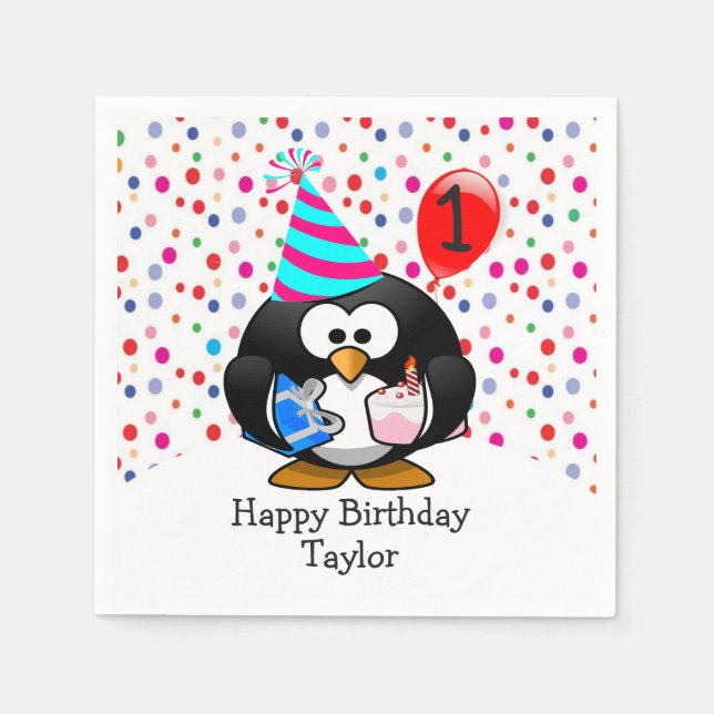 Cute Kid 1st Happy Birthday Penguin Napkin (Front)