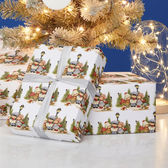 Cute Kid Christmas Carolers With Pets Wrapping Paper (Holidays)
