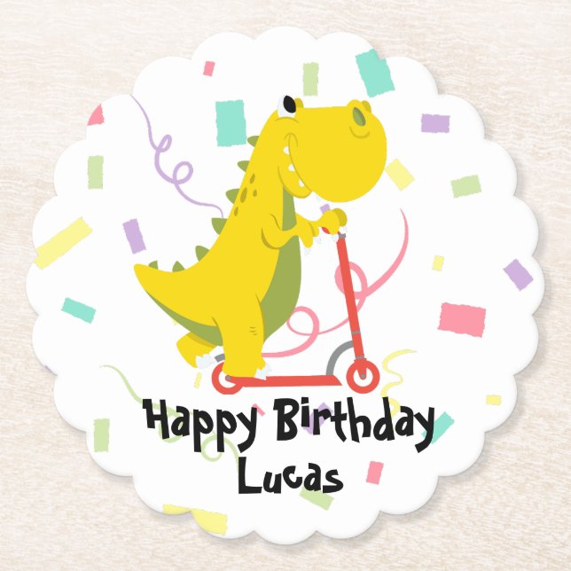 Cute kid dinosaur scooter truck Birthday Party Paper Coaster (Front)