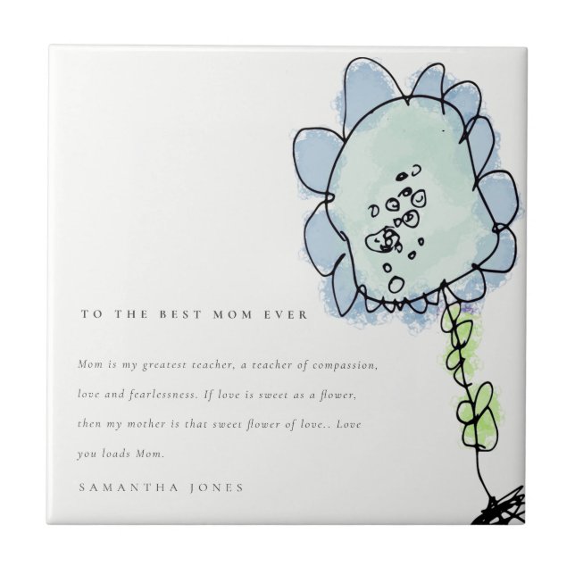 Cute Kid Drawn Blue Flower Botanical Mother's Day Tile (Front)