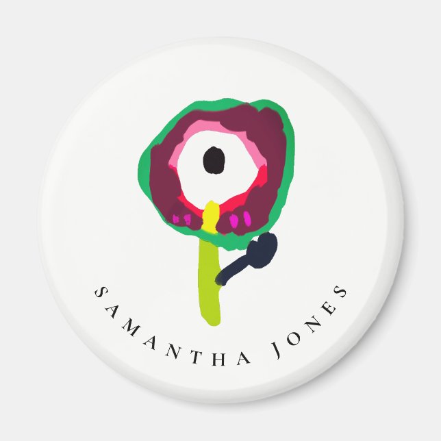 Cute Kid Drawn Colourful Green Pink Flower Magnet (Front)