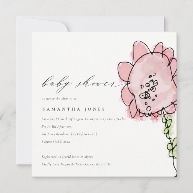 Cute Kid Drawn Pink Flower Botanical Baby Shower Invitation (Front)