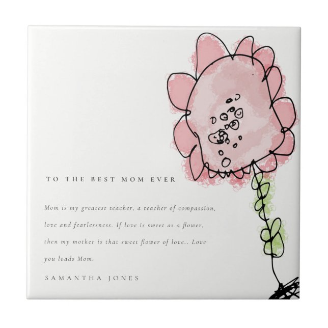 Cute Kid Drawn Pink Flower Botanical Mother's Day Tile (Front)