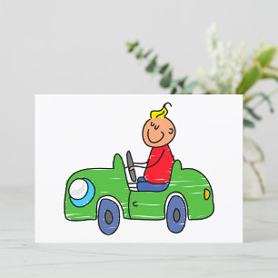 Cute Kid Driving Green Car Childrens Illustration Invitation