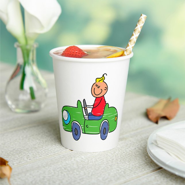 Cute Kid Driving Green Car Childrens Illustration Paper Cups (Creator Uploaded)