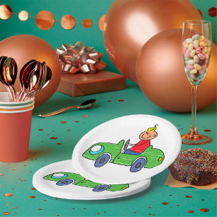 Cute Kid Driving Green Car Childrens Illustration Paper Plate